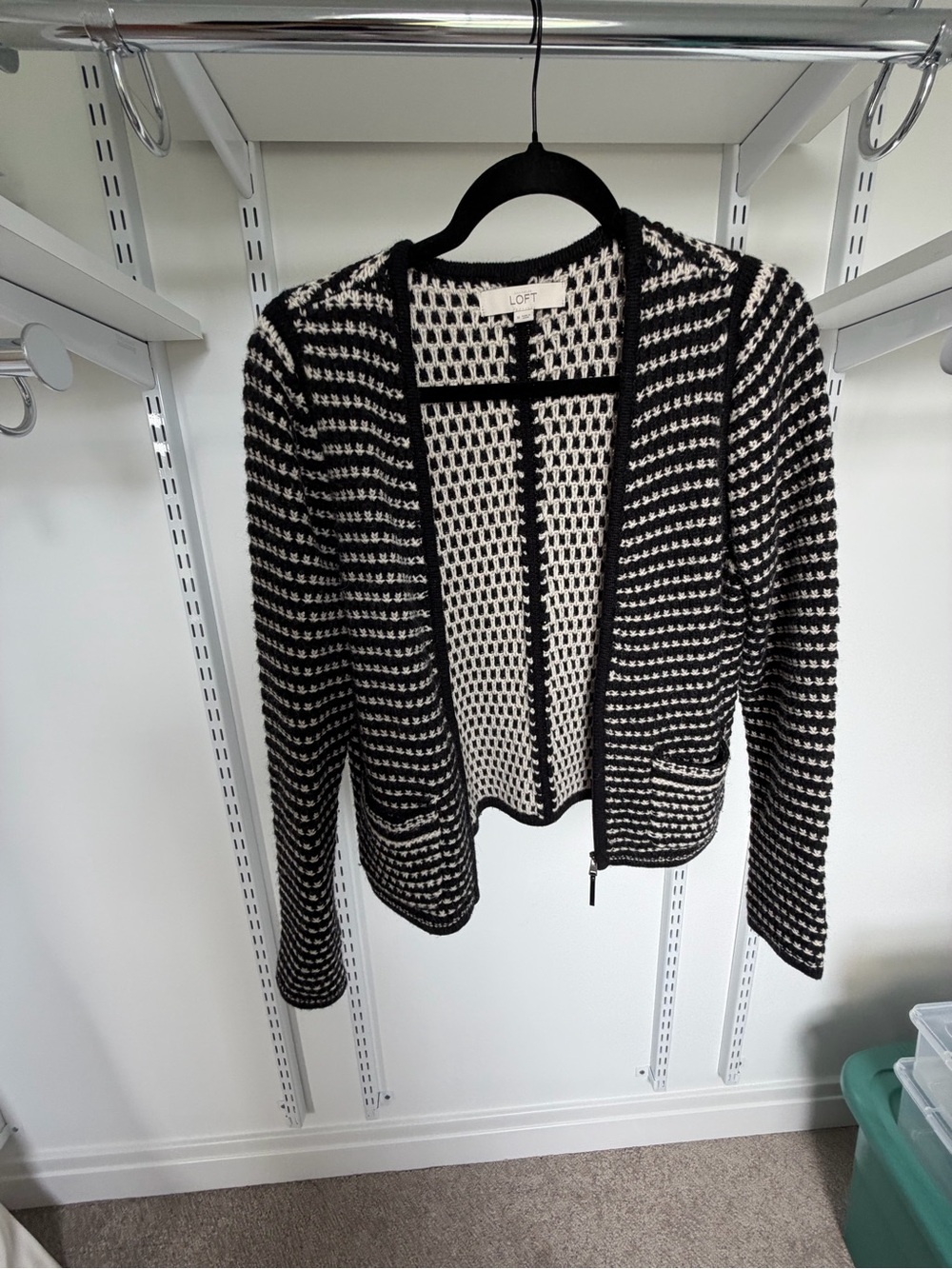 LOFT Black & White Open-Weave Zip-Front Cardigan